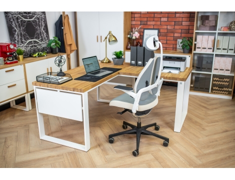 DEERHORN® Rohový kancelársky stôl z dubového dreva a bieleho kovu so zástenou pravý