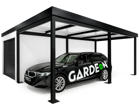 GARDEON® Garáž 3 m x 6 m s dverami Hörmann, oknom a pravým prístreškom GARDEON® Garáž 3 m x 6 m s dverami Hörmann, oknom a pravým prístreškom