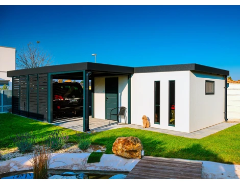 GARDEON® Garáž s dverami Hörmann, oknom, 2 svetlíkmi a prístreškom