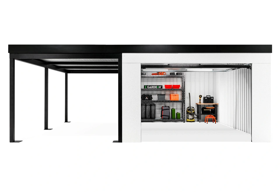 GARDEON® Garáž s dverami Hörmann, oknom a ľavým prístreškom