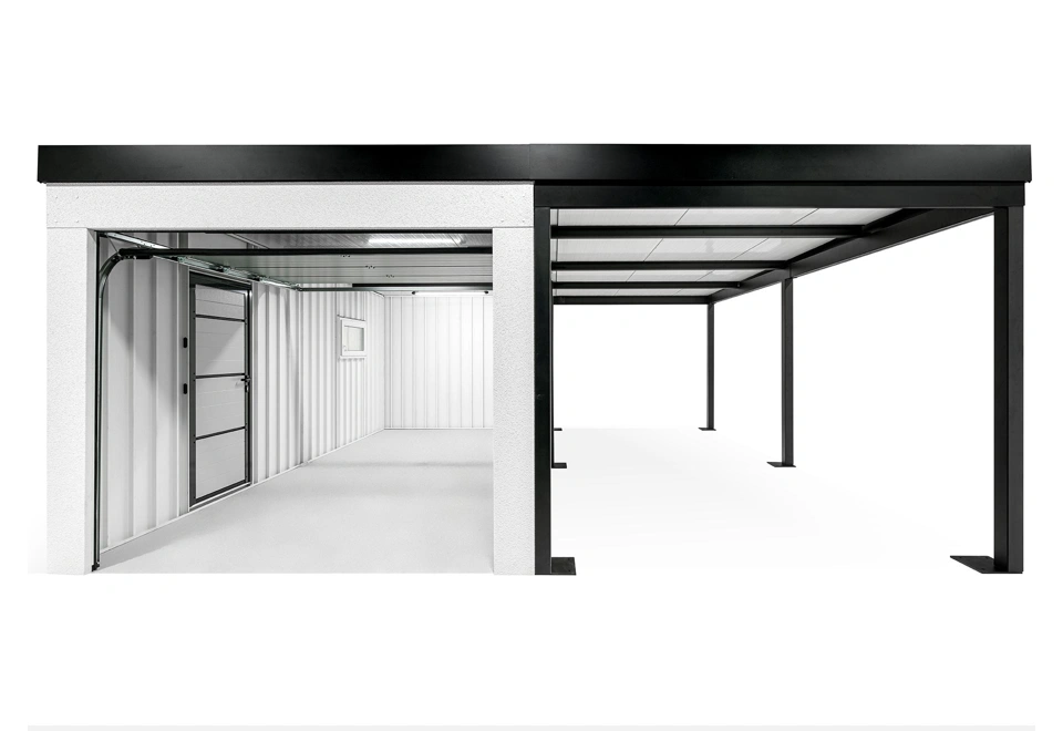 GARDEON® Garáž s dverami Hörmann, oknom a pravým prístreškom