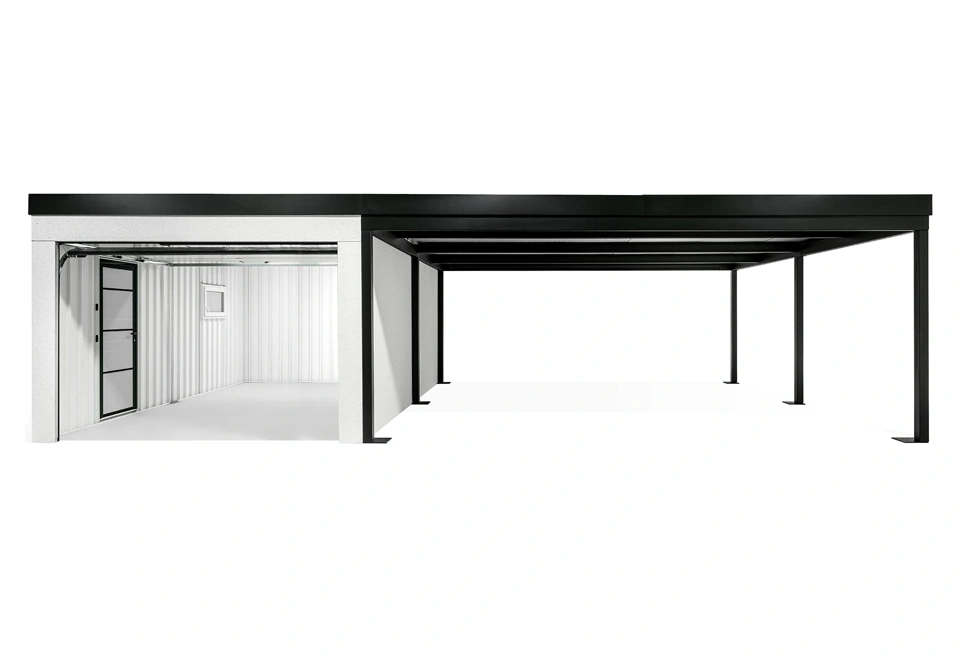 GARDEON® Garáž s dverami Hörmann, oknom a pravým prístreškom