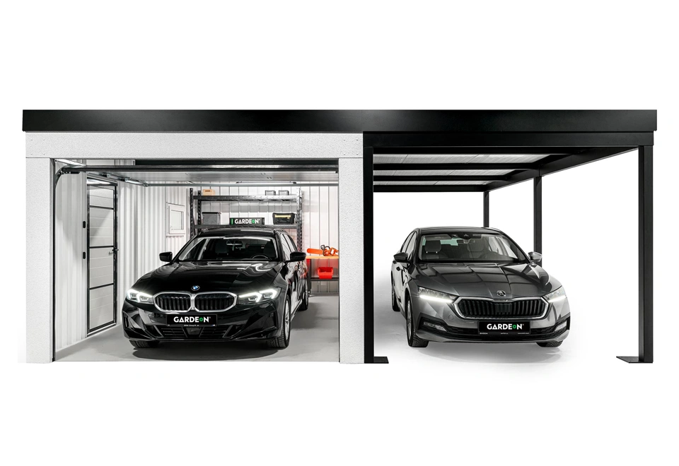 GARDEON® Garáž s dverami Hörmann, oknom a pravým prístreškom