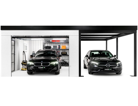 GARDEON® Garáž s dverami Hörmann, oknom a pravým prístreškom
