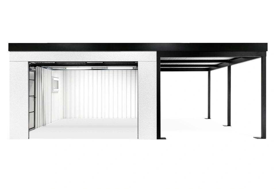 GARDEON® Garáž s dverami Hörmann, oknom a pravým prístreškom