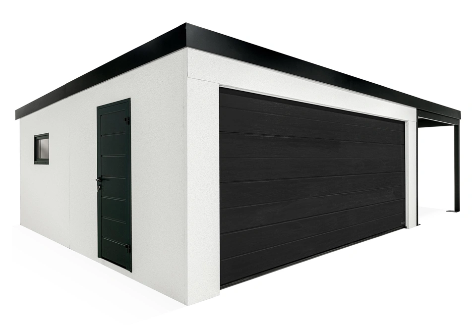 GARDEON® Garáž s dverami Hörmann, oknom a pravým prístreškom