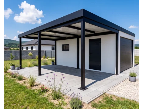 GARDEON® Garáž so sekcionálnou garážovou bránou Hörmann (3000 × 2125 mm) a prístreškom