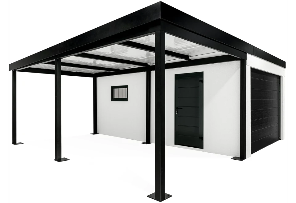 GARDEON® Garáž so sekcionálnou garážovou bránou Hörmann (3000 × 2125 mm) a prístreškom