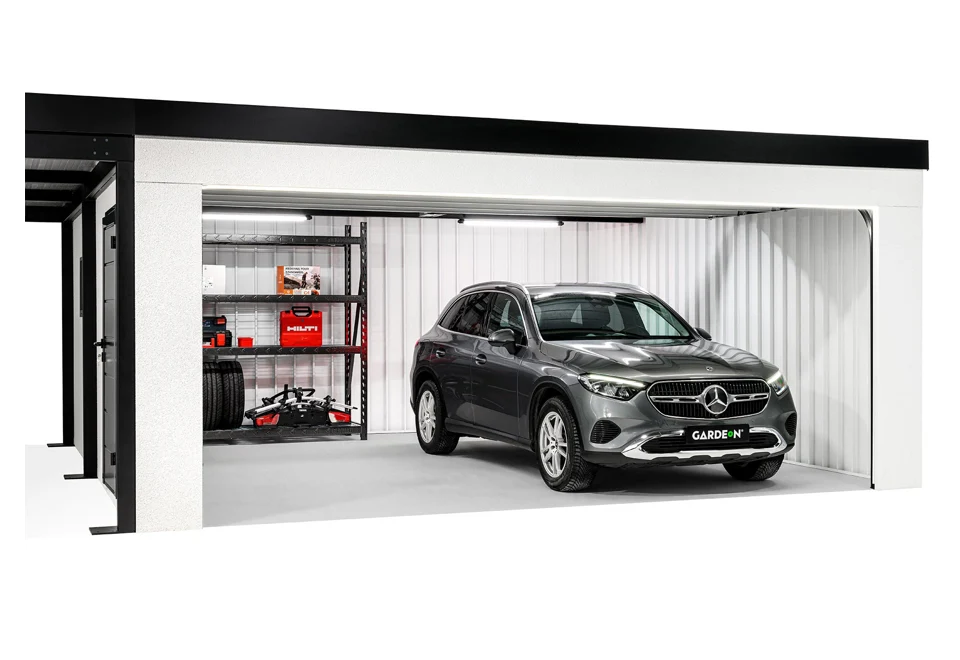 GARDEON® Garáž so sekcionálnou garážovou bránou Hörmann (5000 × 2125 mm) a prístreškom