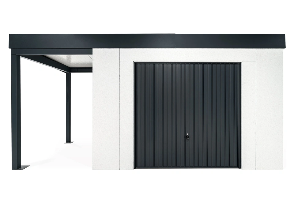 GARDEON® Záhradný domček s bezpečnou garážovou bránou Hörmann a ľavým prístreškom