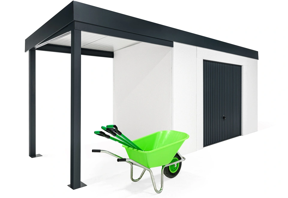 GARDEON® Záhradný domček s bezpečnou garážovou bránou Hörmann a ľavým prístreškom