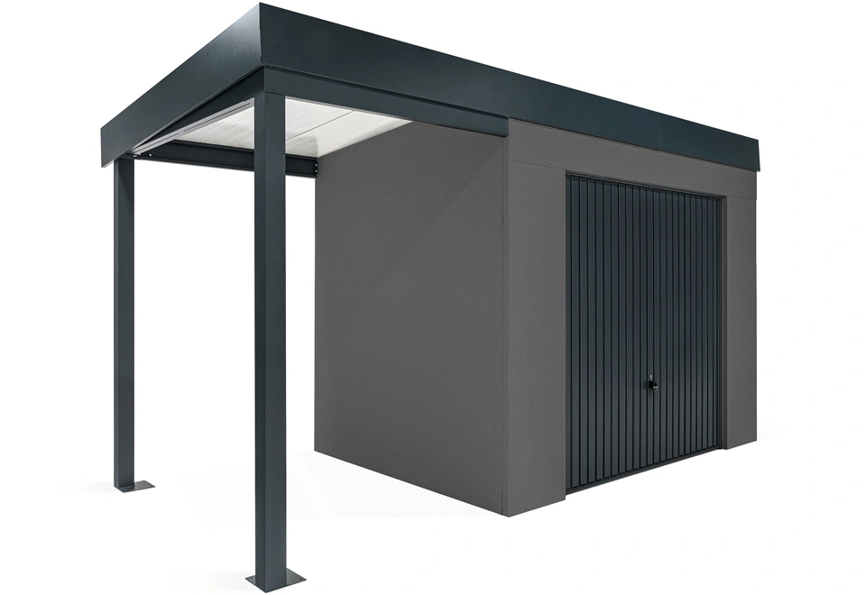 GARDEON® Záhradný domček s bezpečnou garážovou bránou Hörmann a ľavým prístreškom