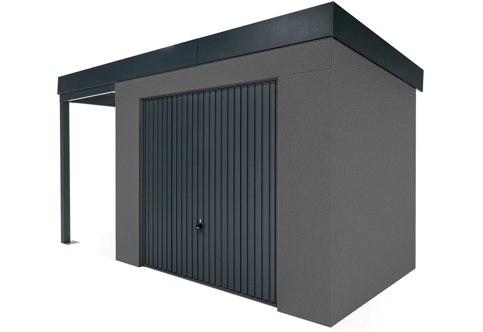 GARDEON® Záhradný domček s bezpečnou garážovou bránou Hörmann a ľavým prístreškom