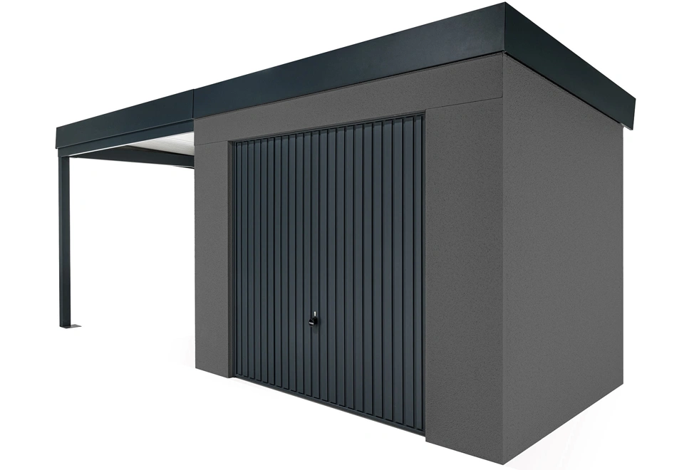 GARDEON® Záhradný domček s bezpečnou garážovou bránou Hörmann a ľavým prístreškom