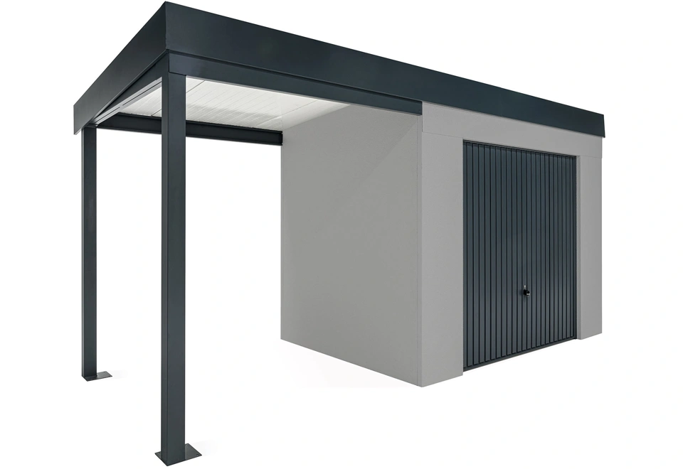 GARDEON® Záhradný domček s bezpečnou garážovou bránou Hörmann a ľavým prístreškom