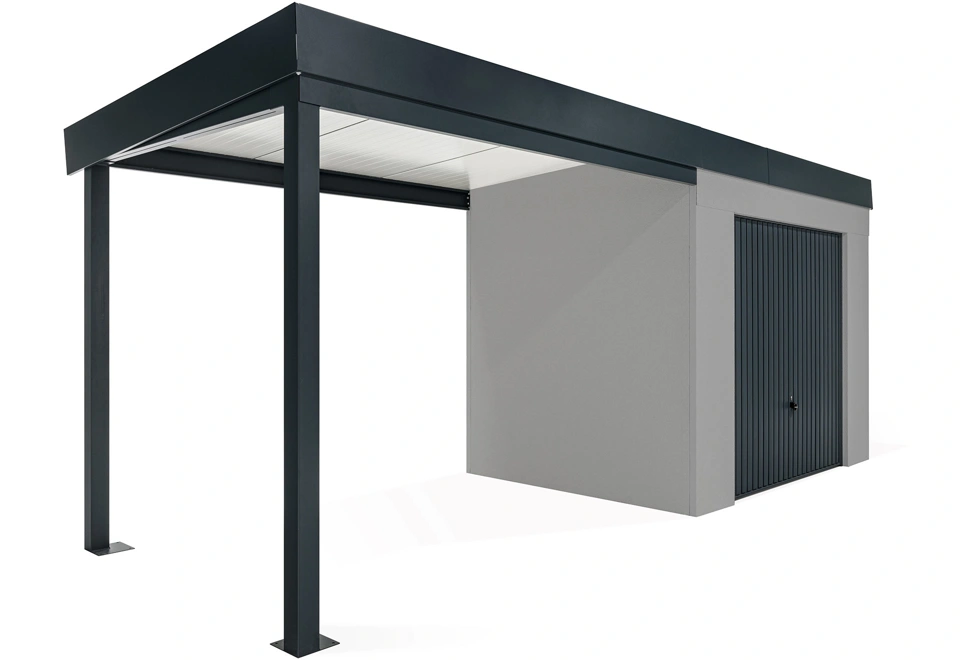 GARDEON® Záhradný domček s bezpečnou garážovou bránou Hörmann a ľavým prístreškom