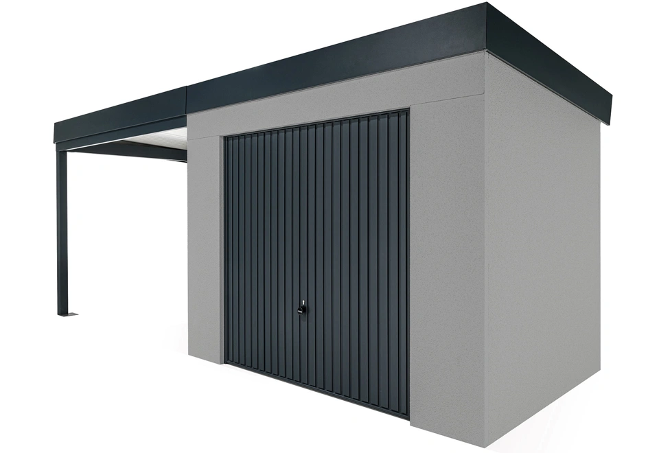 GARDEON® Záhradný domček s bezpečnou garážovou bránou Hörmann a ľavým prístreškom