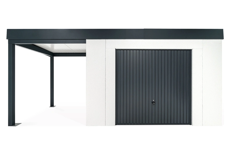 GARDEON® Záhradný domček s bezpečnou garážovou bránou Hörmann a ľavým prístreškom