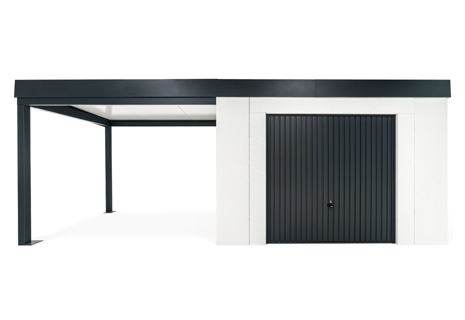 GARDEON® Záhradný domček s bezpečnou garážovou bránou Hörmann a ľavým prístreškom