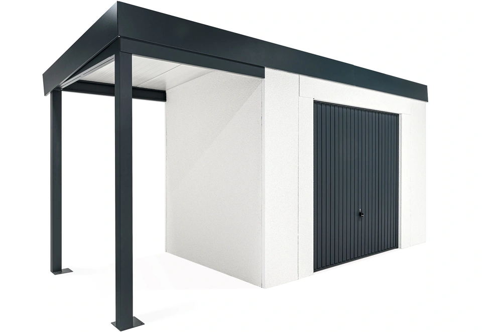 GARDEON® Záhradný domček s bezpečnou garážovou bránou Hörmann a ľavým prístreškom