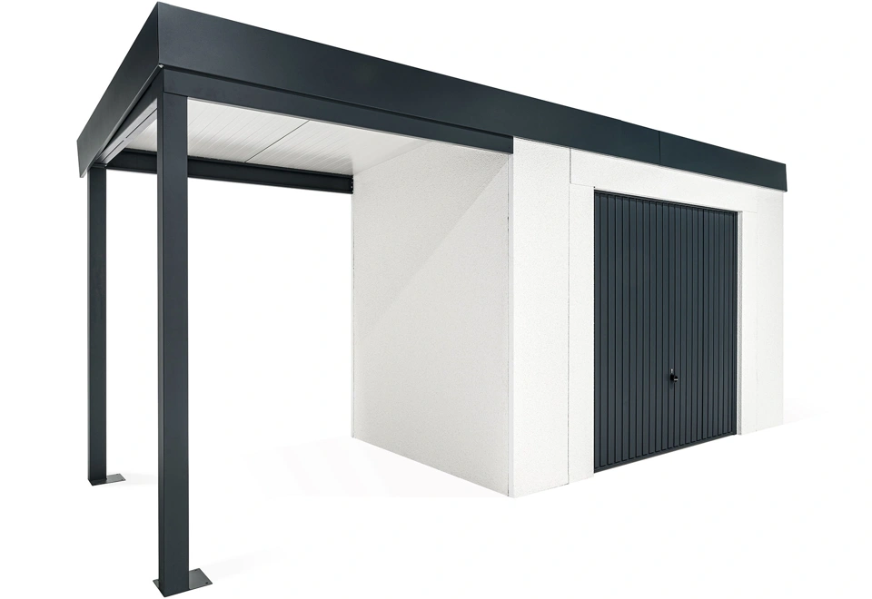 GARDEON® Záhradný domček s bezpečnou garážovou bránou Hörmann a ľavým prístreškom