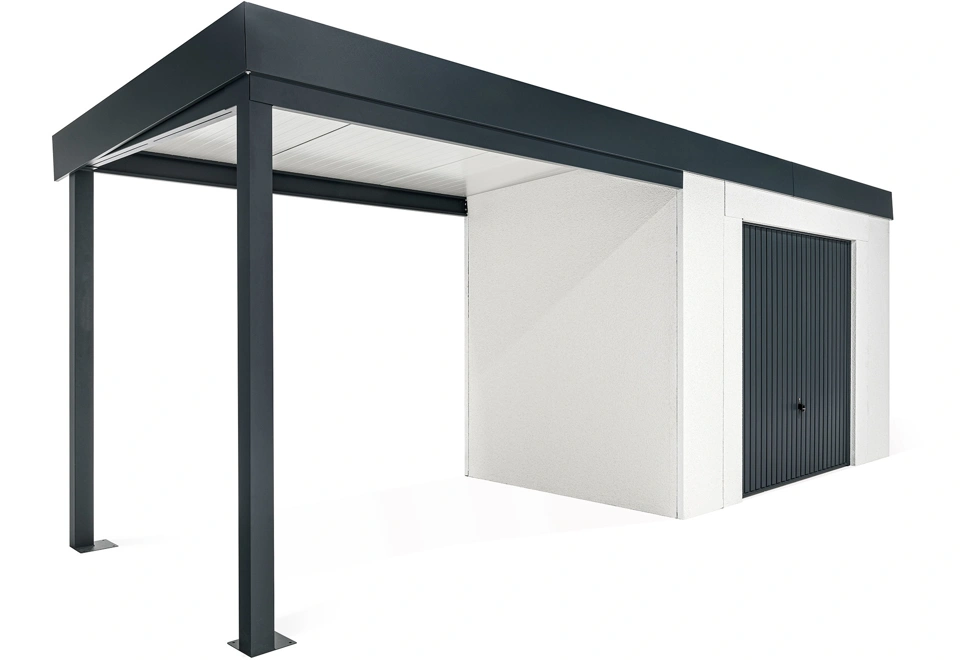 GARDEON® Záhradný domček s bezpečnou garážovou bránou Hörmann a ľavým prístreškom