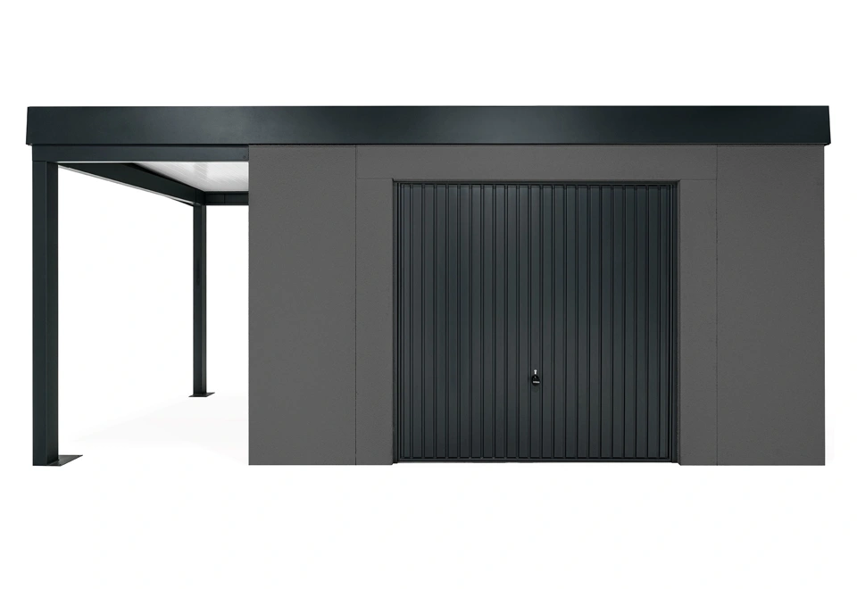 GARDEON® Záhradný domček s bezpečnou garážovou bránou Hörmann a ľavým prístreškom