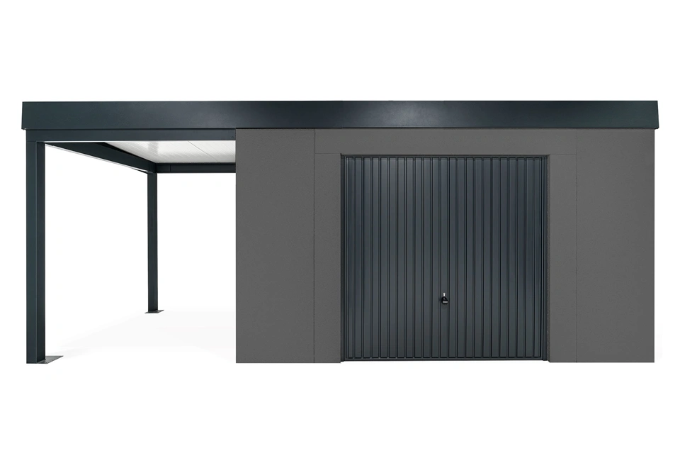 GARDEON® Záhradný domček s bezpečnou garážovou bránou Hörmann a ľavým prístreškom