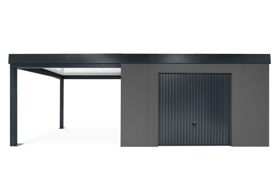 GARDEON® Záhradný domček s bezpečnou garážovou bránou Hörmann a ľavým prístreškom