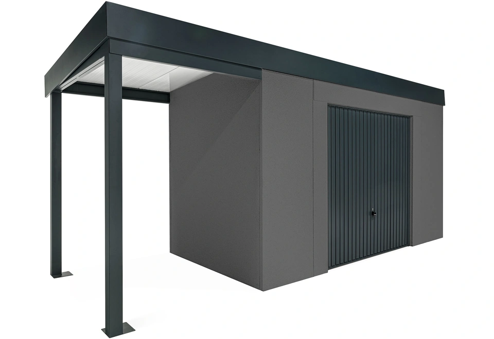 GARDEON® Záhradný domček s bezpečnou garážovou bránou Hörmann a ľavým prístreškom