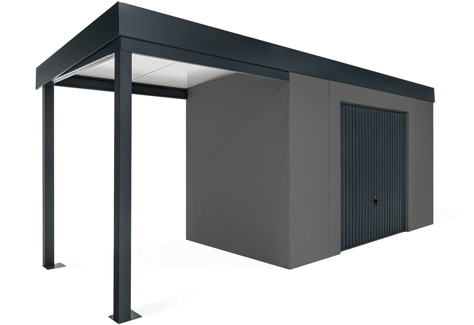 GARDEON® Záhradný domček s bezpečnou garážovou bránou Hörmann a ľavým prístreškom