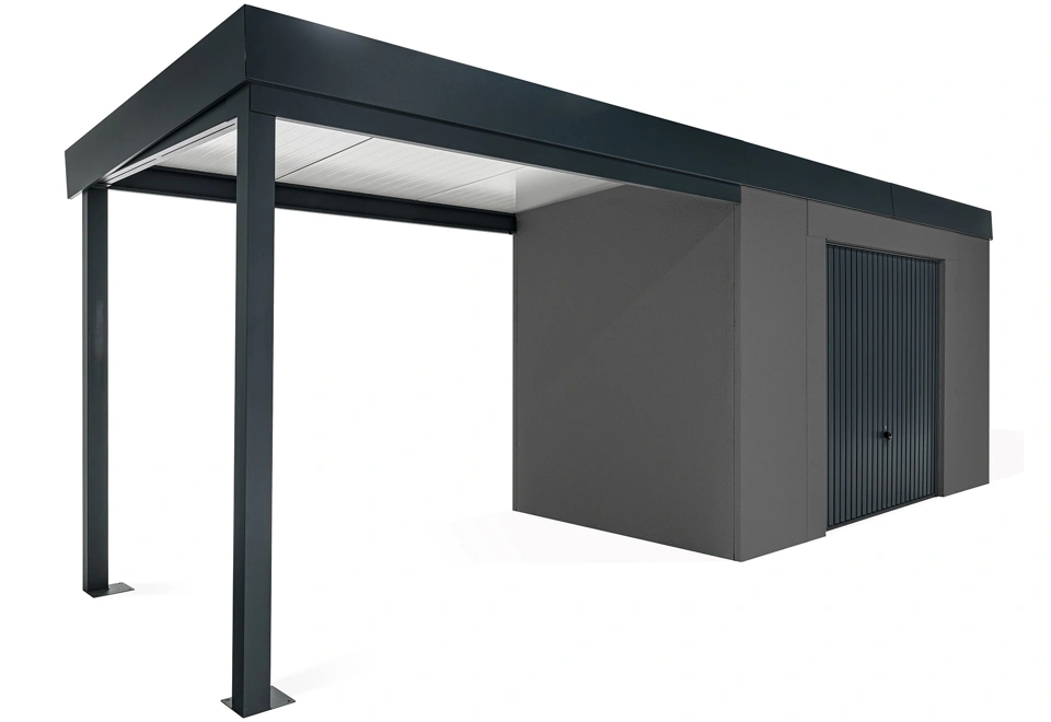 GARDEON® Záhradný domček s bezpečnou garážovou bránou Hörmann a ľavým prístreškom