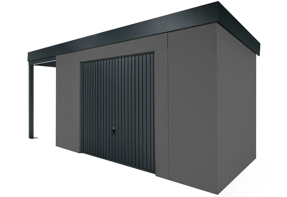 GARDEON® Záhradný domček s bezpečnou garážovou bránou Hörmann a ľavým prístreškom