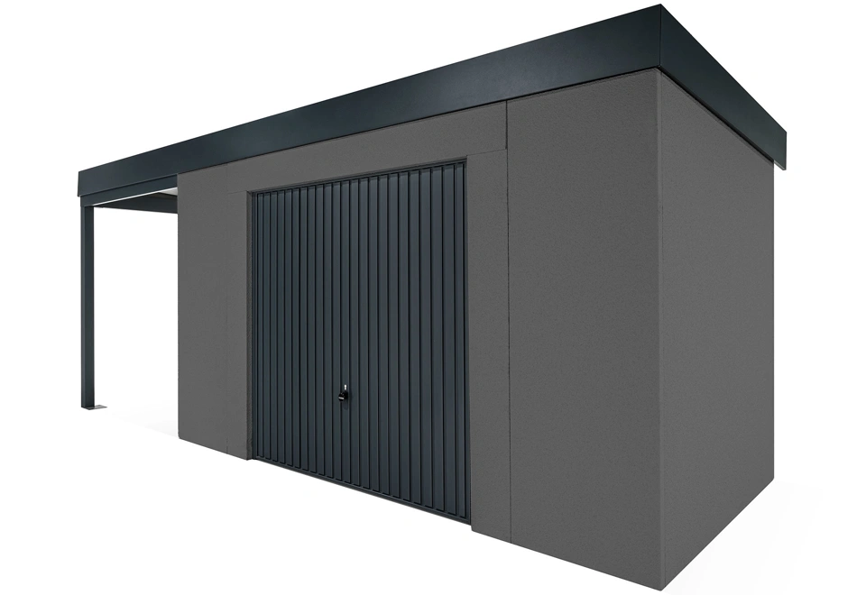 GARDEON® Záhradný domček s bezpečnou garážovou bránou Hörmann a ľavým prístreškom