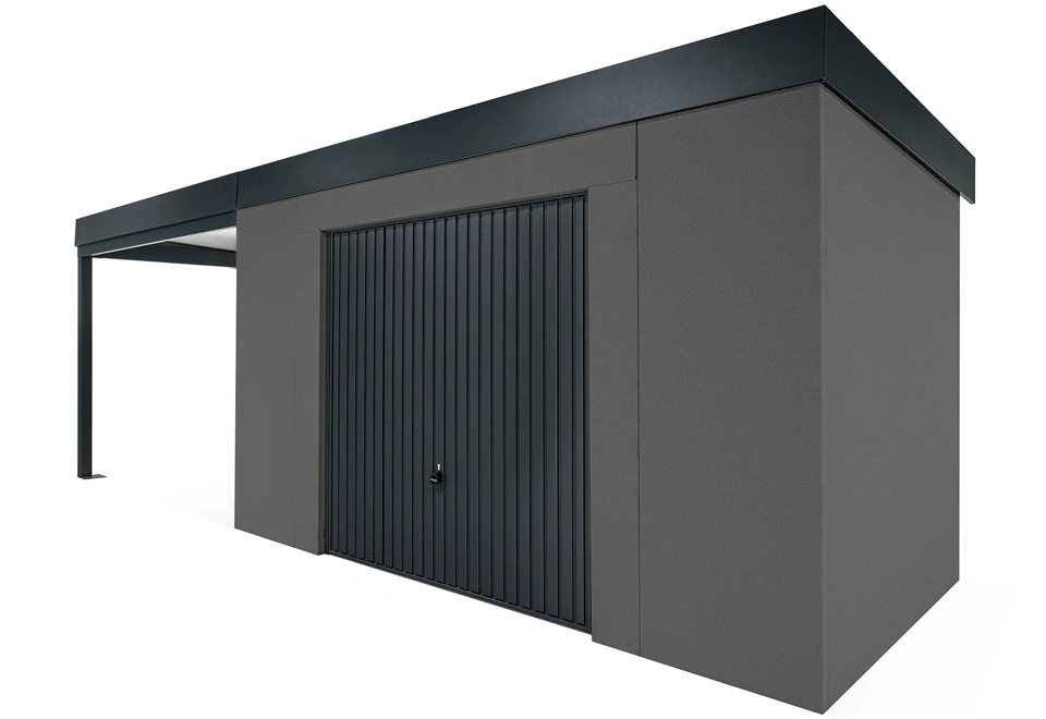 GARDEON® Záhradný domček s bezpečnou garážovou bránou Hörmann a ľavým prístreškom