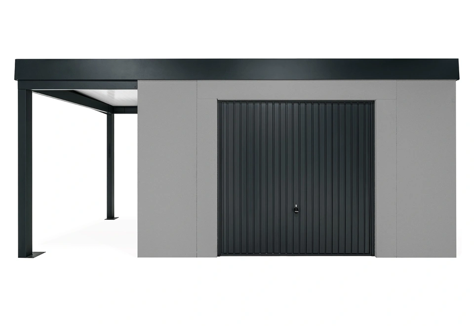 GARDEON® Záhradný domček s bezpečnou garážovou bránou Hörmann a ľavým prístreškom