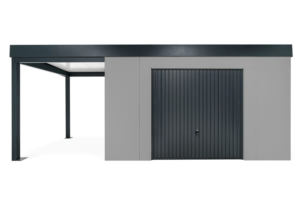 GARDEON® Záhradný domček s bezpečnou garážovou bránou Hörmann a ľavým prístreškom