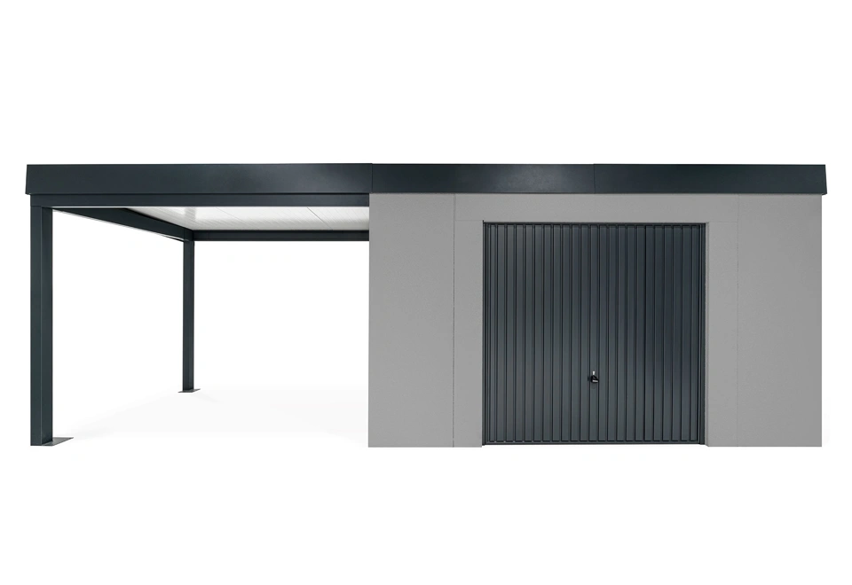 GARDEON® Záhradný domček s bezpečnou garážovou bránou Hörmann a ľavým prístreškom