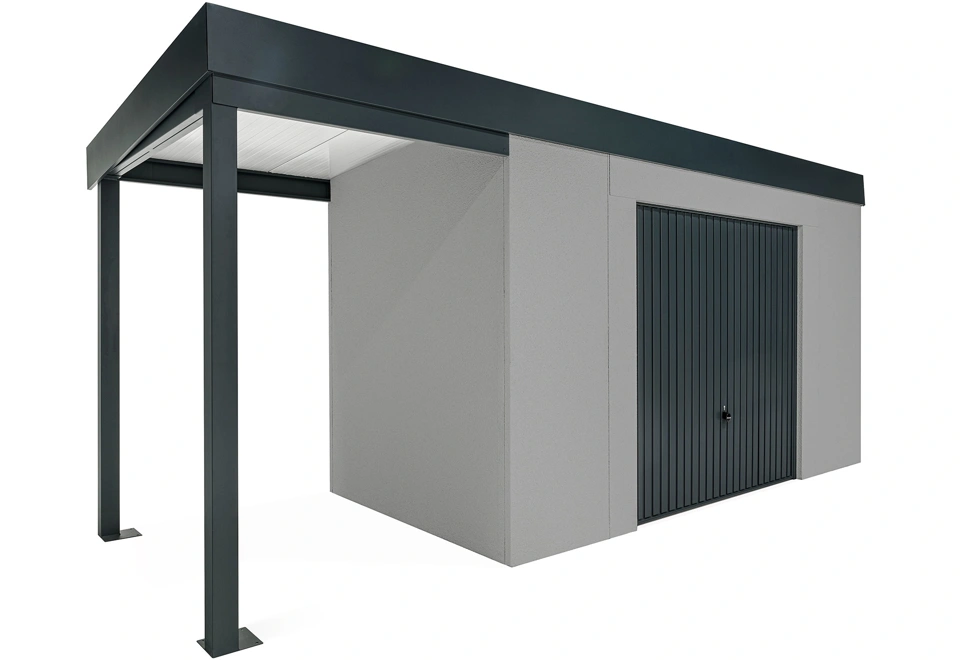 GARDEON® Záhradný domček s bezpečnou garážovou bránou Hörmann a ľavým prístreškom