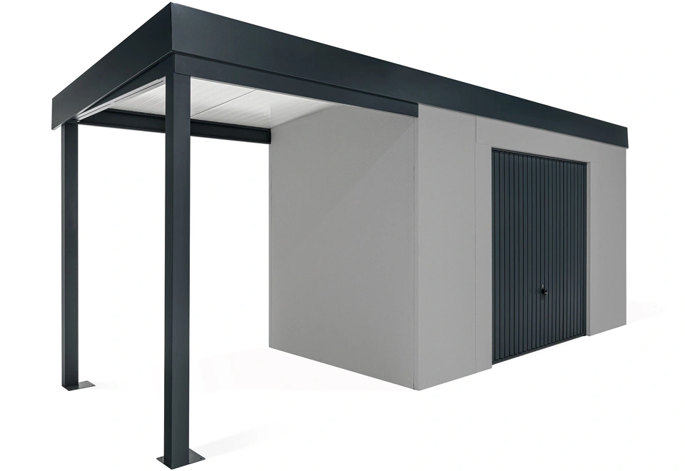 GARDEON® Záhradný domček s bezpečnou garážovou bránou Hörmann a ľavým prístreškom