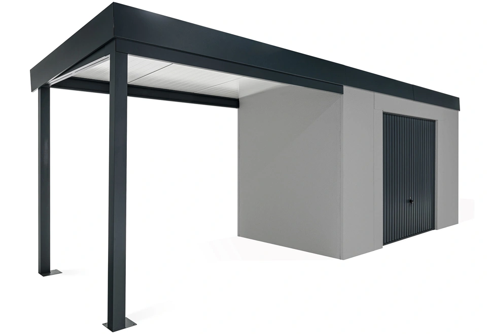 GARDEON® Záhradný domček s bezpečnou garážovou bránou Hörmann a ľavým prístreškom