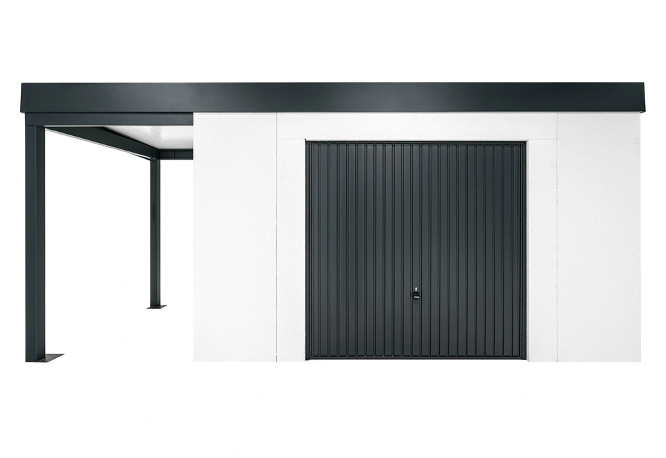 GARDEON® Záhradný domček s bezpečnou garážovou bránou Hörmann a ľavým prístreškom