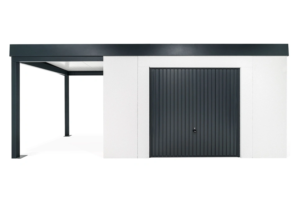 GARDEON® Záhradný domček s bezpečnou garážovou bránou Hörmann a ľavým prístreškom