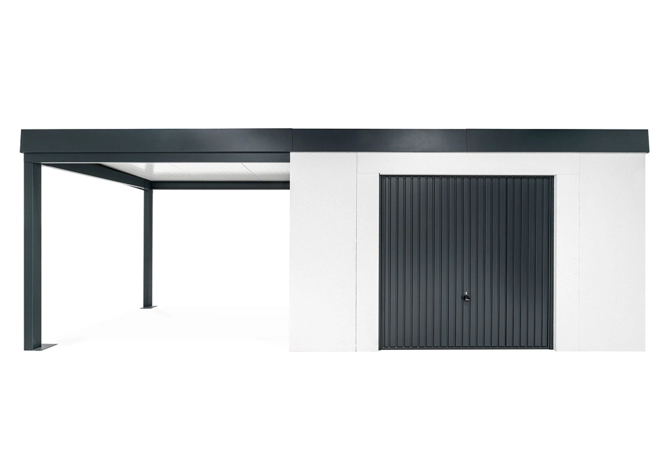 GARDEON® Záhradný domček s bezpečnou garážovou bránou Hörmann a ľavým prístreškom