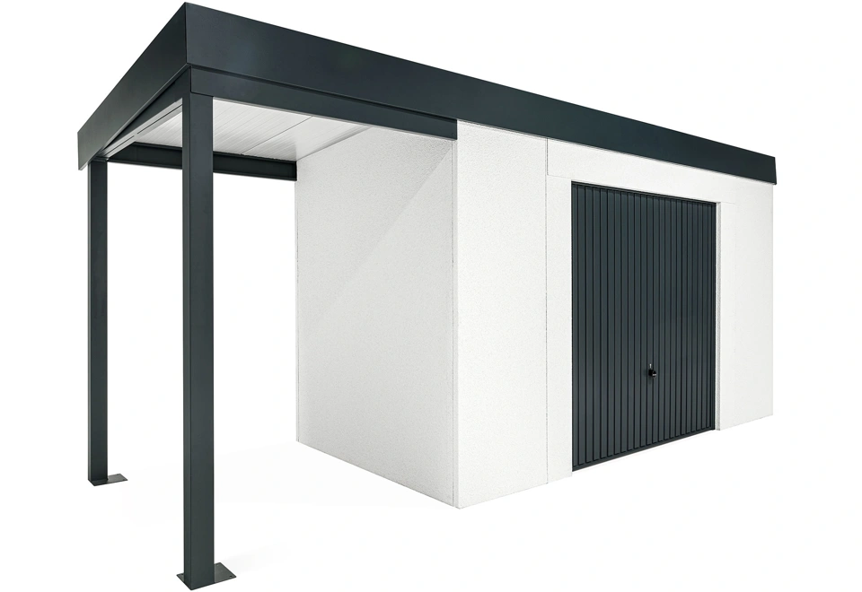 GARDEON® Záhradný domček s bezpečnou garážovou bránou Hörmann a ľavým prístreškom