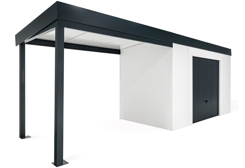 GARDEON® Záhradný domček s bezpečnou garážovou bránou Hörmann a ľavým prístreškom