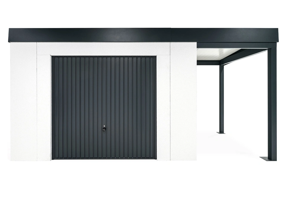 GARDEON® Záhradný domček s bezpečnou garážovou bránou Hörmann a pravým prístreškom