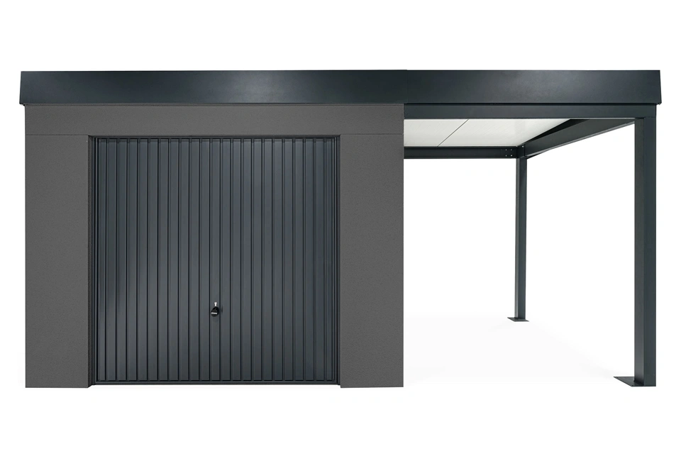 GARDEON® Záhradný domček s bezpečnou garážovou bránou Hörmann a pravým prístreškom