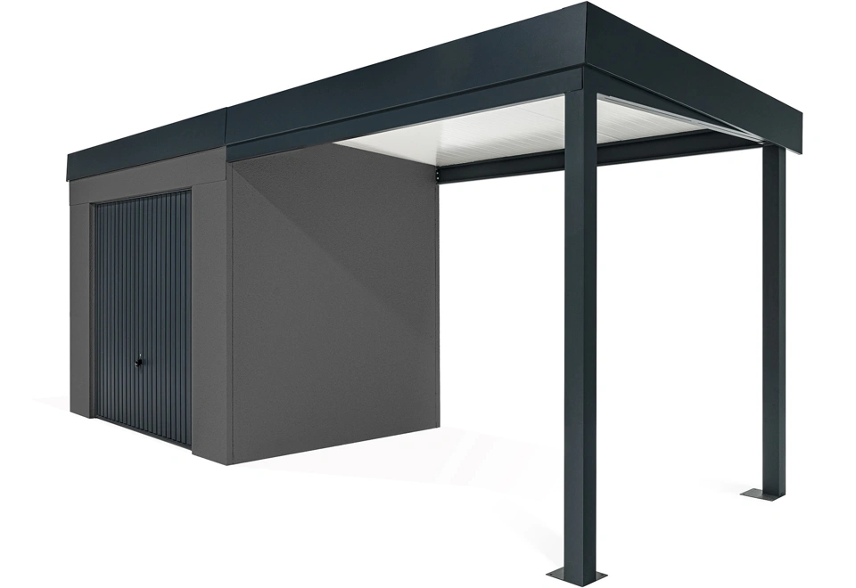 GARDEON® Záhradný domček s bezpečnou garážovou bránou Hörmann a pravým prístreškom