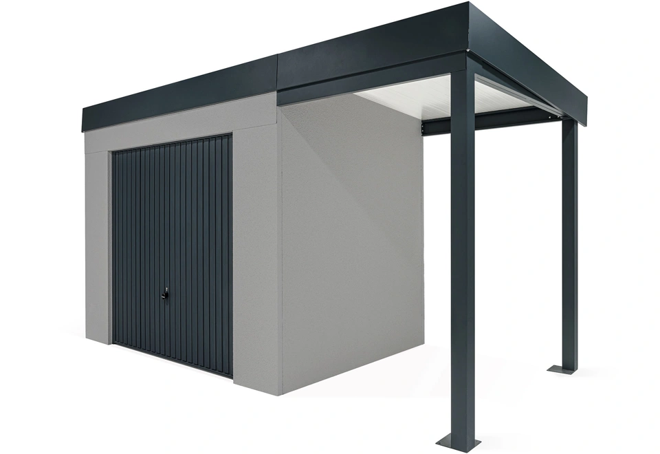 GARDEON® Záhradný domček s bezpečnou garážovou bránou Hörmann a pravým prístreškom